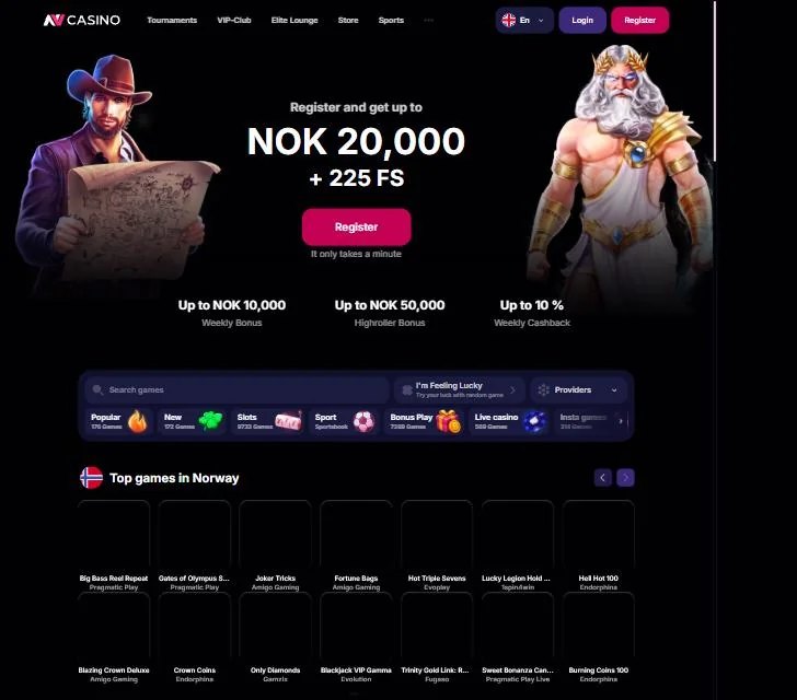 Forsiden hos NV Casino med velkomstbonus på opptil 20 000 kr + 225 gratisspinn