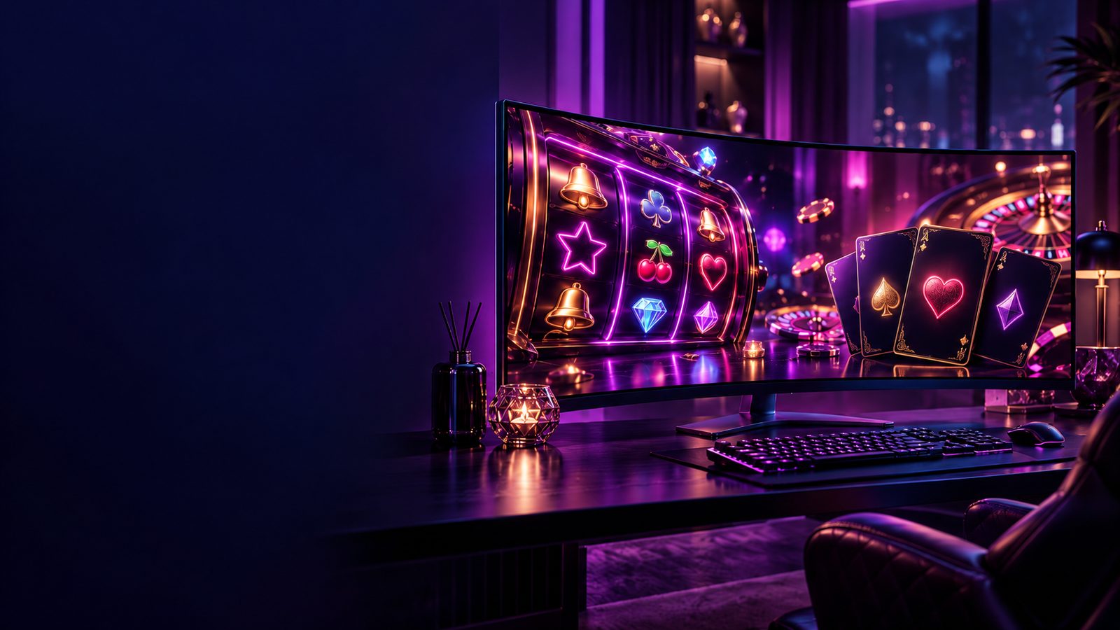 Moderne nettcasino-lobby på en bred skjerm i et mørkt rom med lilla og magenta lys