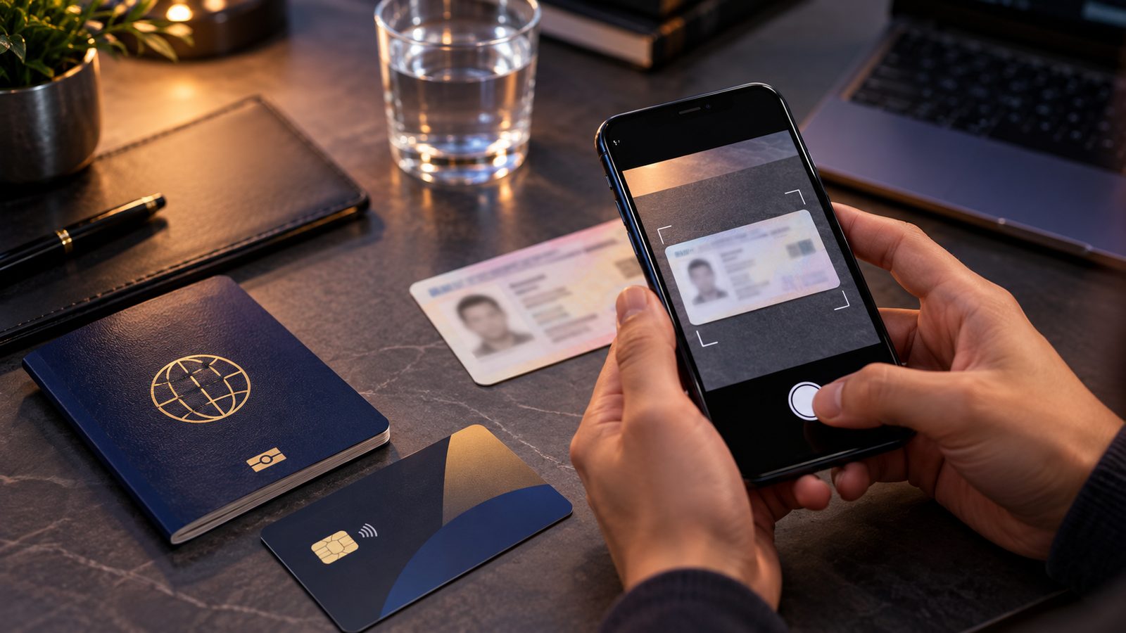 Pass, bankkort og en mobil som tar bilde av ID-dokument til verifisering