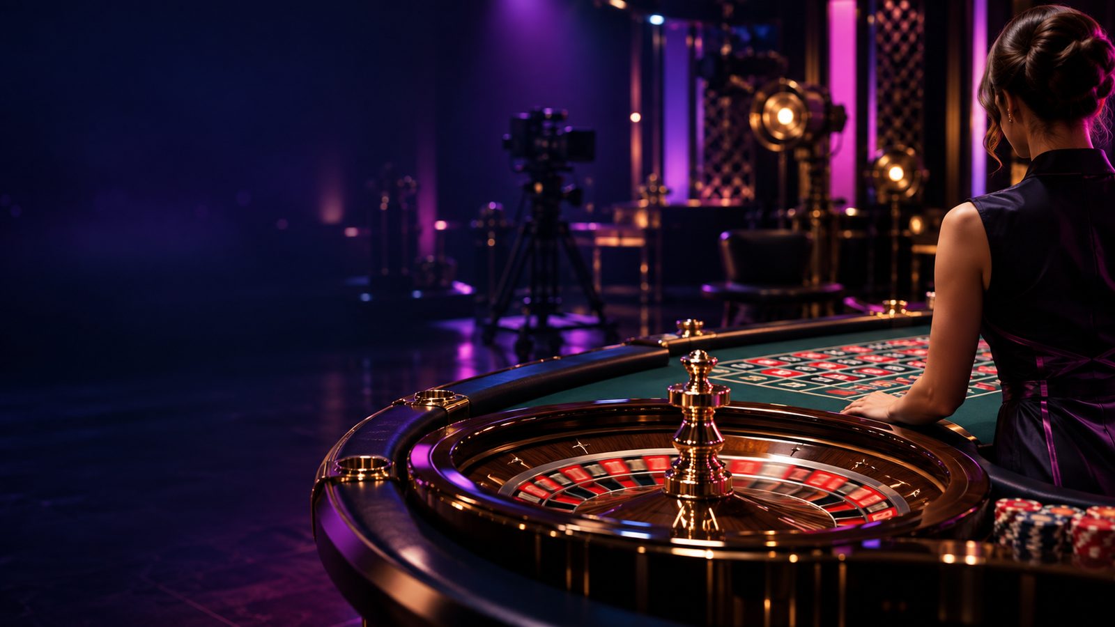 Live casino-rulettbord i et profesjonelt studio med dealer sett bakfra