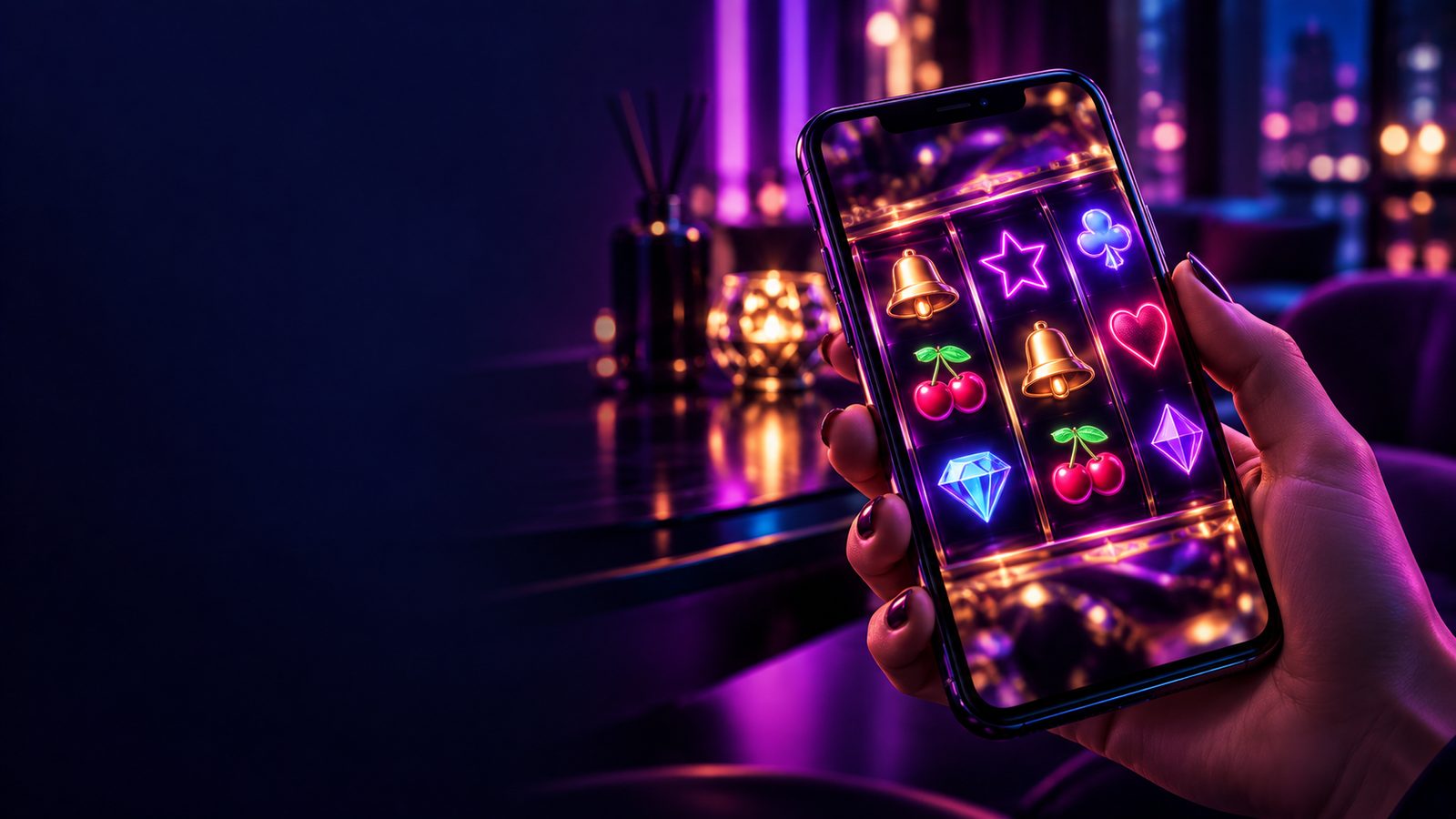 Hånd som holder en smarttelefon med en spilleautomat i neonfarger